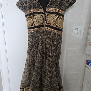 Indian Anarkali Embroidered Beaded Dress Women’s XL Gold Black Formal Kurta